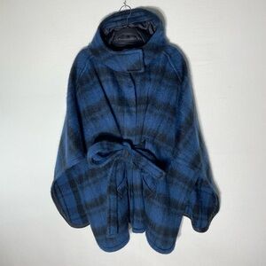 Coach Blue Black Hooded Wool Blend Plaid Belted Cape Coat M/L